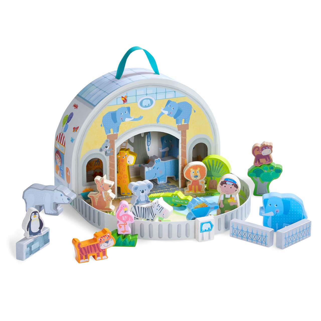 HABA Wooden Animal Playset - Play World at the Zoo, STEM Educational Toy with Zoo Animals & Accessories, Preschool Learning Toy for Ages 2+